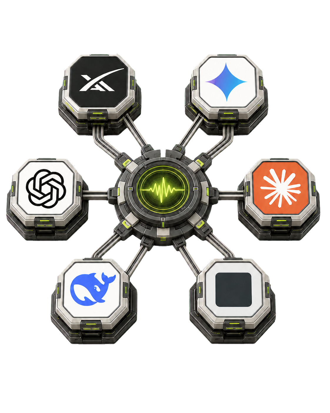 Six AI model agents connected to a live market pulse, with the Grok, Gemini, GPT, Claude, DeepSeek, and Inkling marks